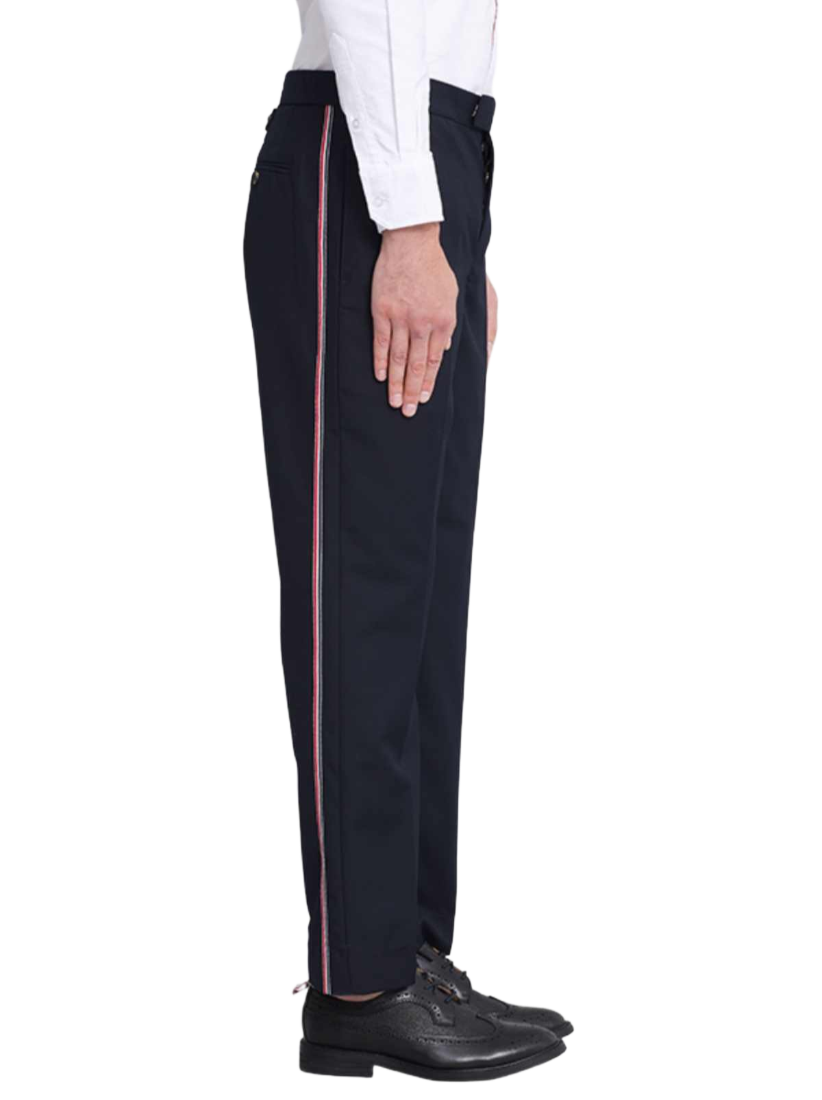 Thom Browne Style Men's Casual Trousers - 100% Wool with Adjustable Backstrap with Signature Four-Bar...