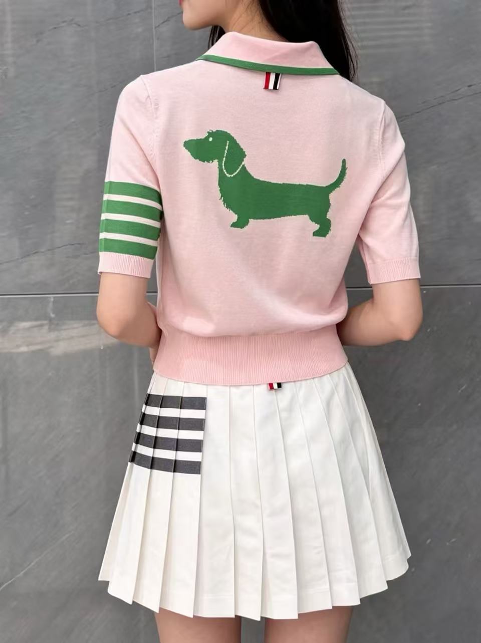 Thom Browne Style Pink Dog-Embroidered Short-Sleeve Polo