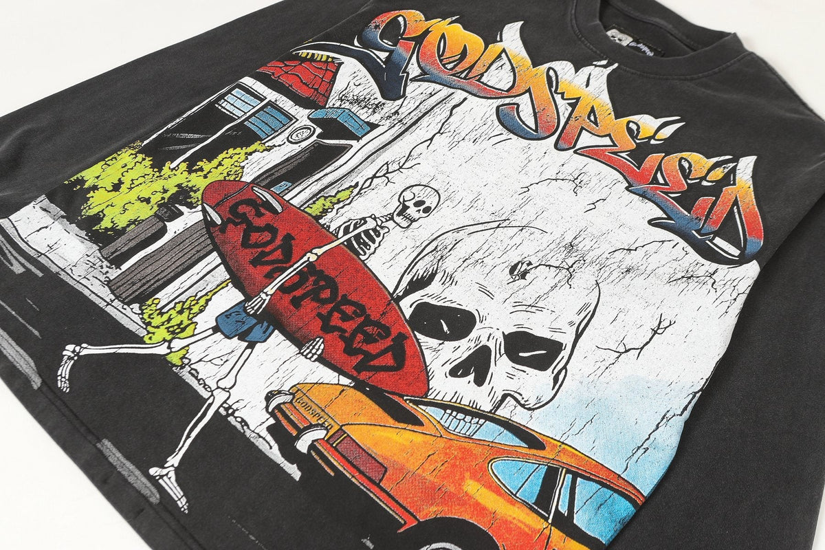 Godspeed Washed Black Skeleton Car Graphic Long-Sleeve T-Shirt