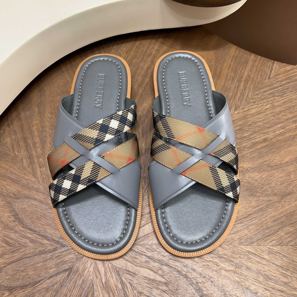 Burberry Plaid Cross-Strap Slide Sandals - Contoured Footbed