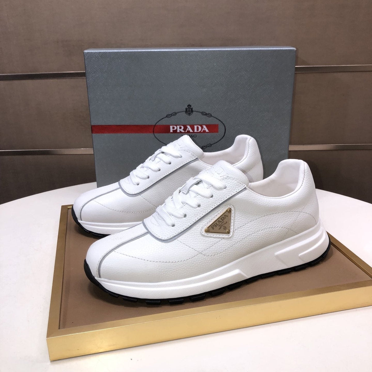 Prada Triangle Plaque Low-Top Sneakers - Triangular Side Plaque Detail