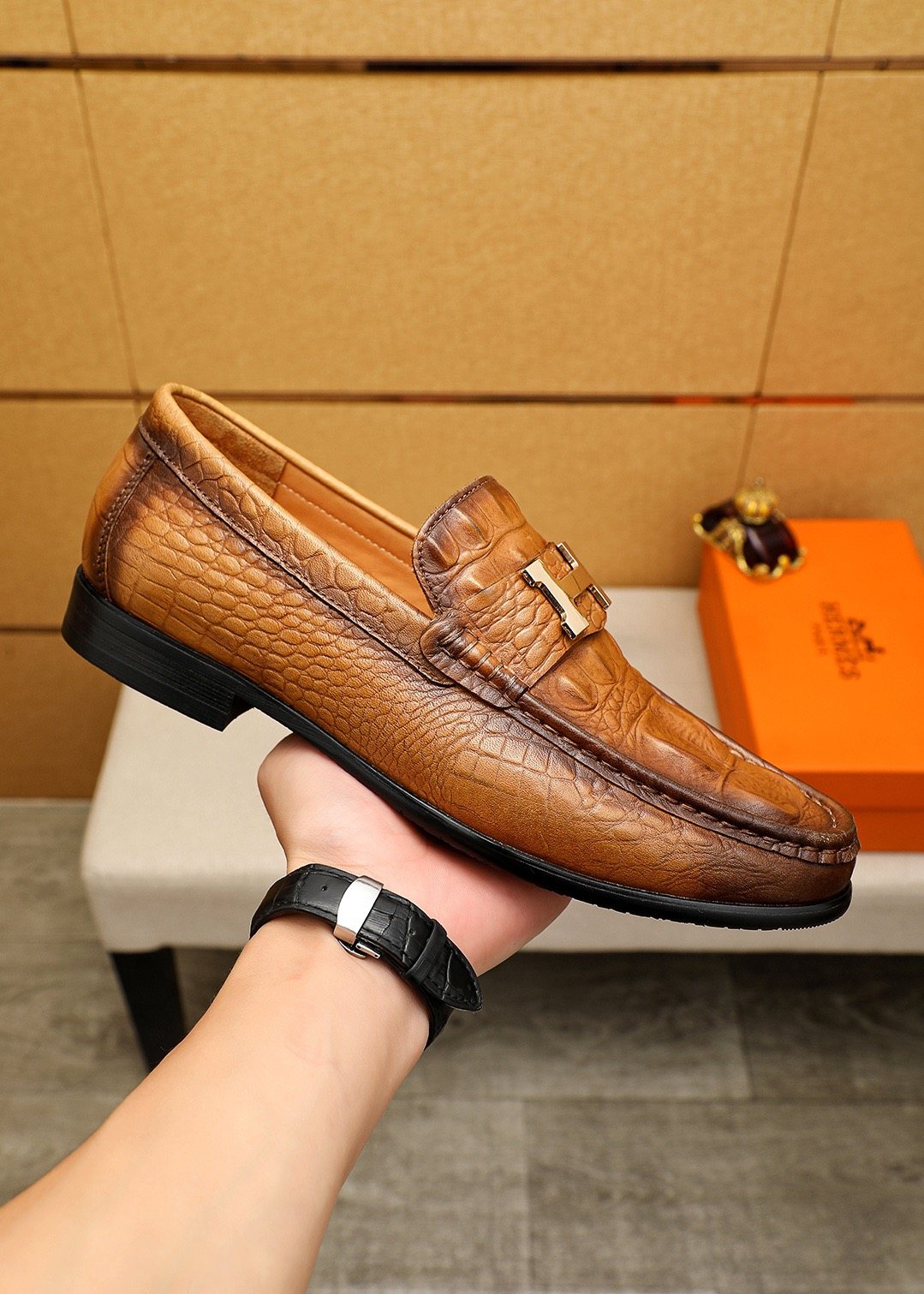 Hermès Textured Metal-Hardware Loafers
